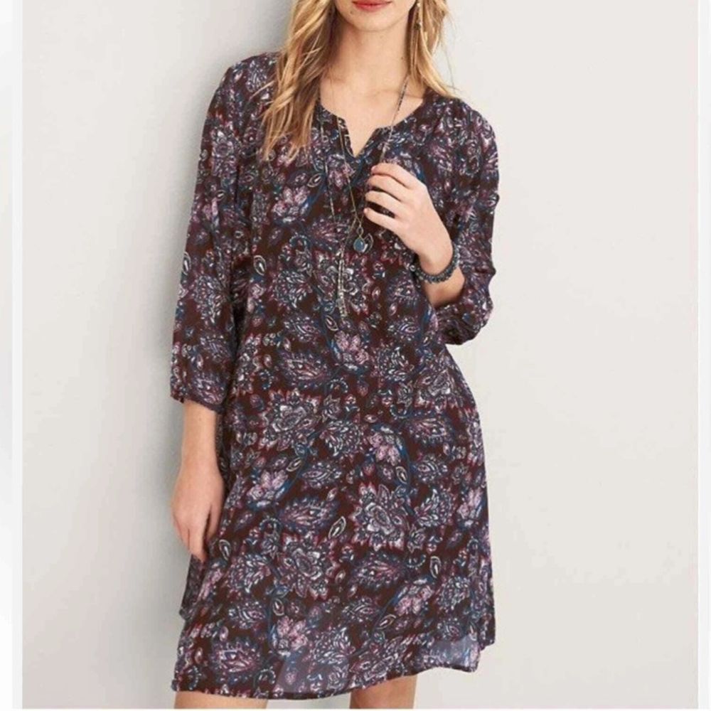 Garnet Hill Sheer Brown Floral Paisley Split Neck Silk Dress Size 6 Cottagecore
